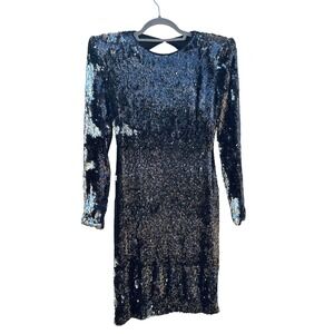 Naeem Khan Sequin Mini‎ Dress Black Silver Open Back Long Sleeve Cocktail sz 4